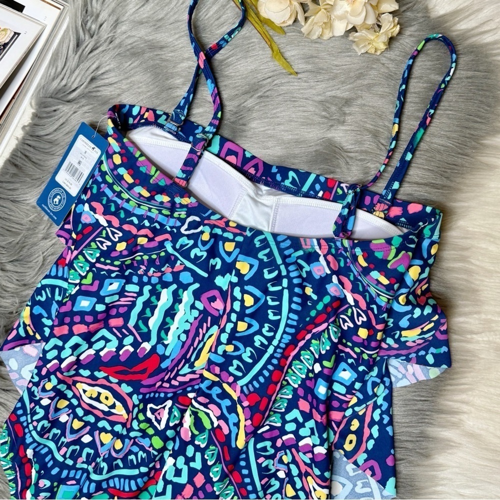 NEW Caribbean Joe Vacation Ready Blue Paisley Ruffle One Piece Swimsuit Sz 8 - Picture 10 of 12